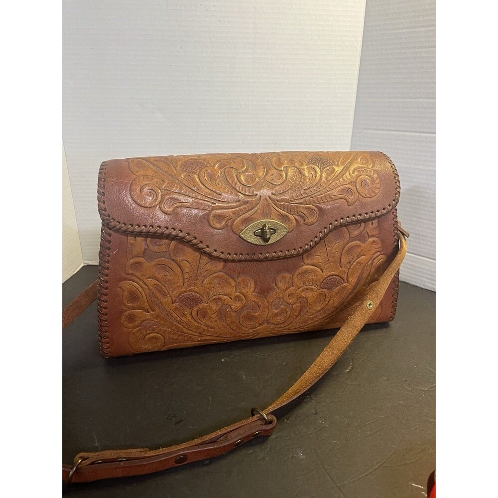 Vintage Hand tooled Leather Purse Messenger Cross Body Western Emo Stitching